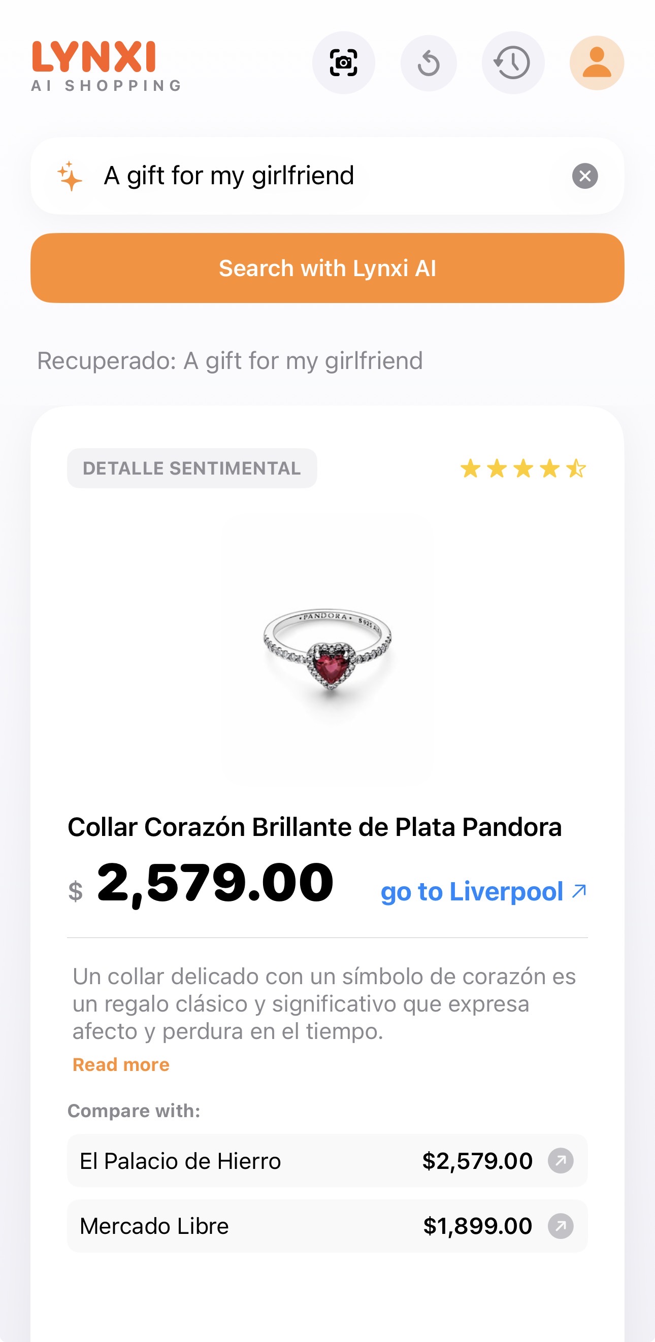 Lynxi app screenshot showing price comparison